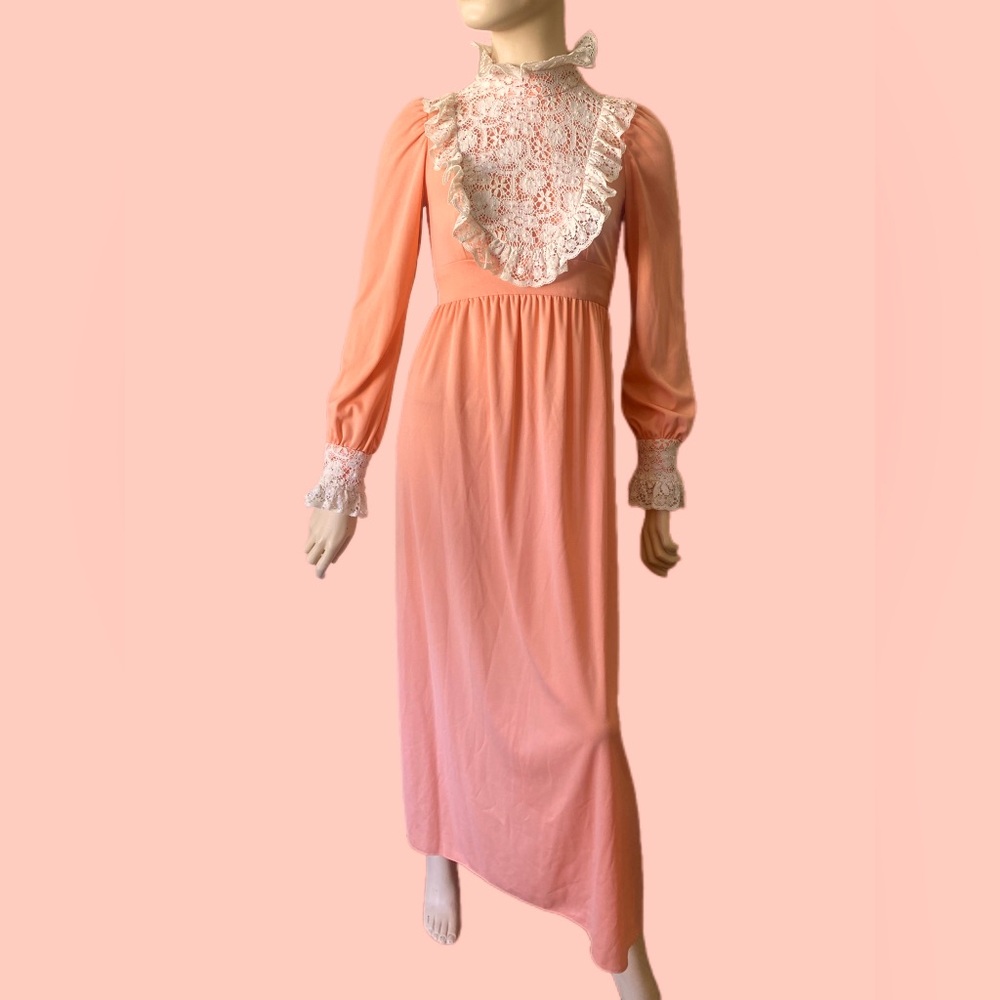 Vintage 1970s Peach Lace Maxi Prairie Dress XS/S